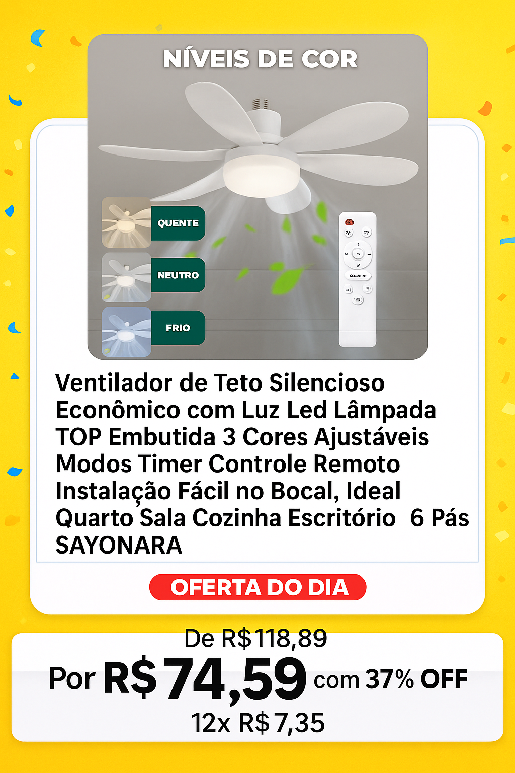 Ventilador de Teto Silencioso com Luz LED