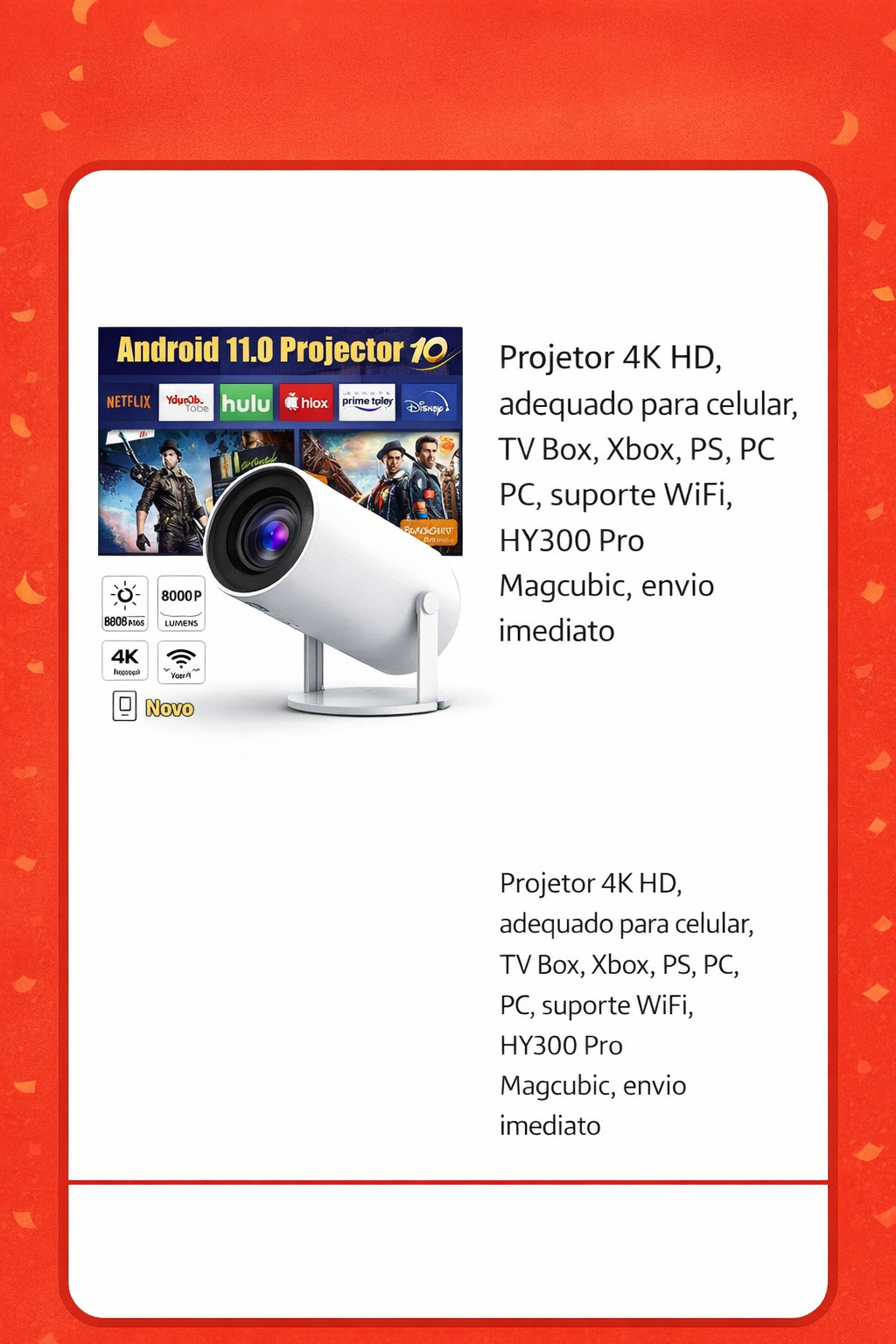 Projetor 4K HD HY300 Pro