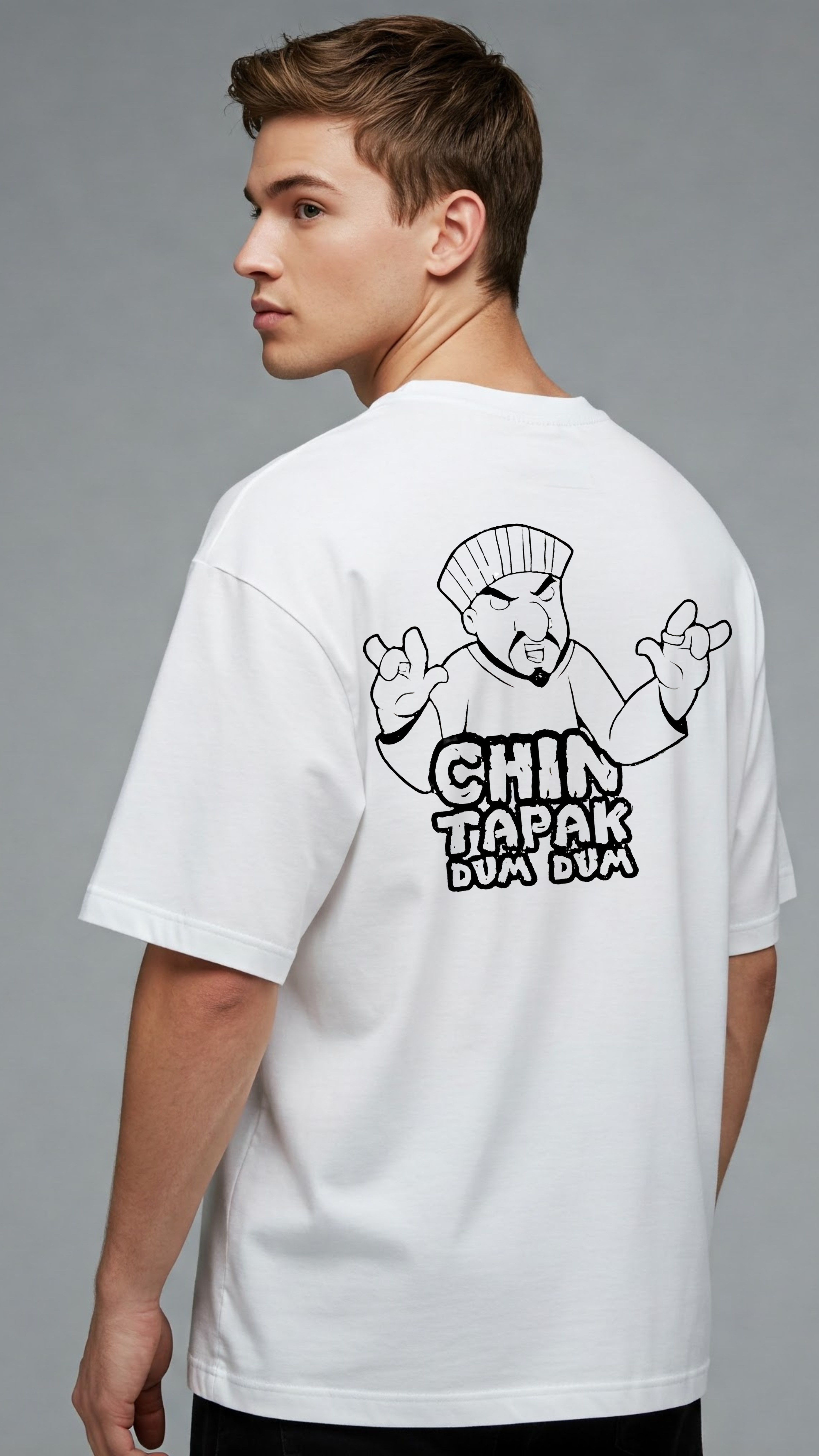 Premium White Oversized Tee with Chin Tapak Dum Dum Design