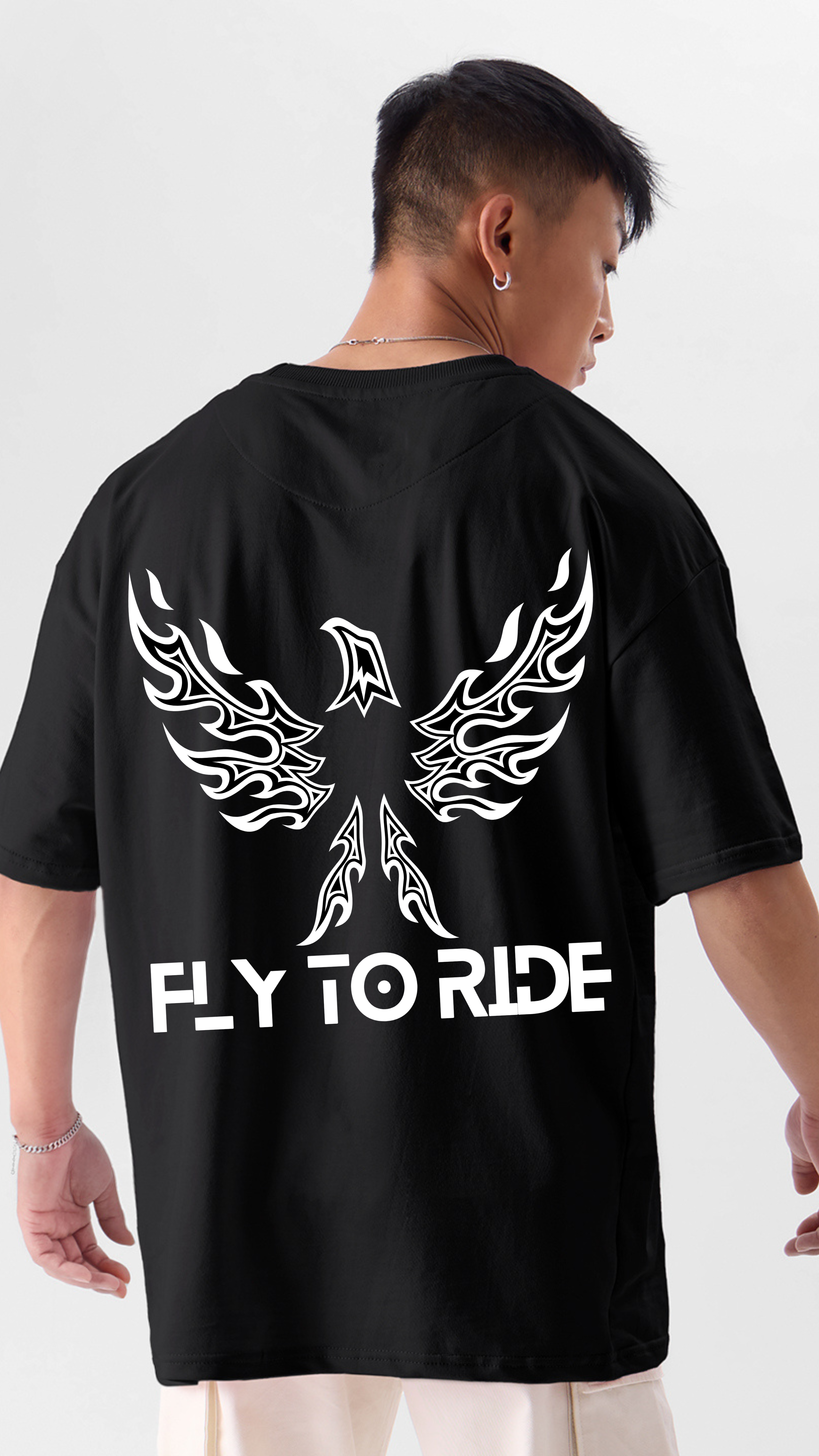 Premium Oversized Black Tee with Fly to Ride Design
