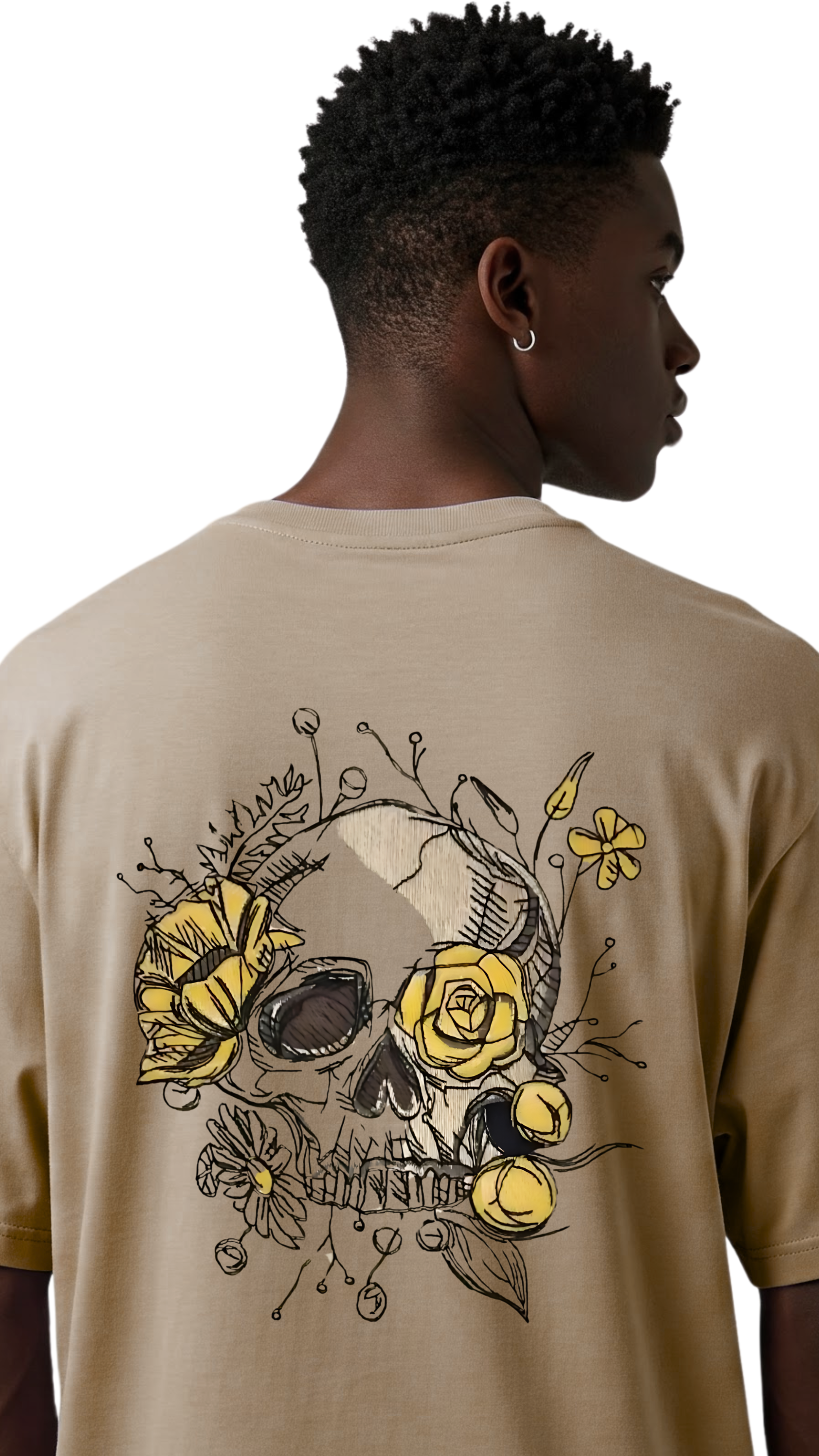 Premium Biege Oversized Tee with Skull Flowers Design