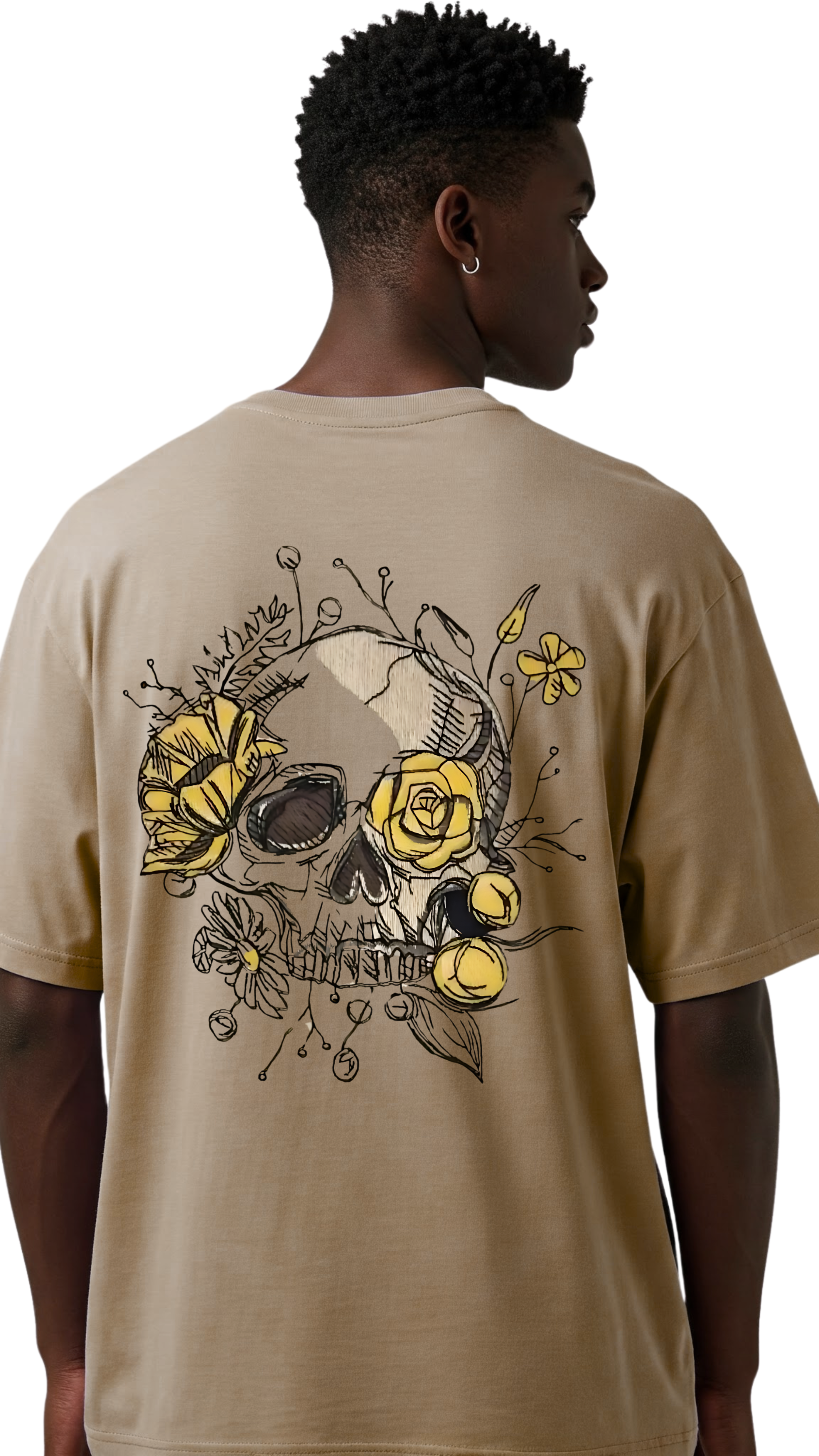Premium Biege Oversized Tee with Skull Flowers Design