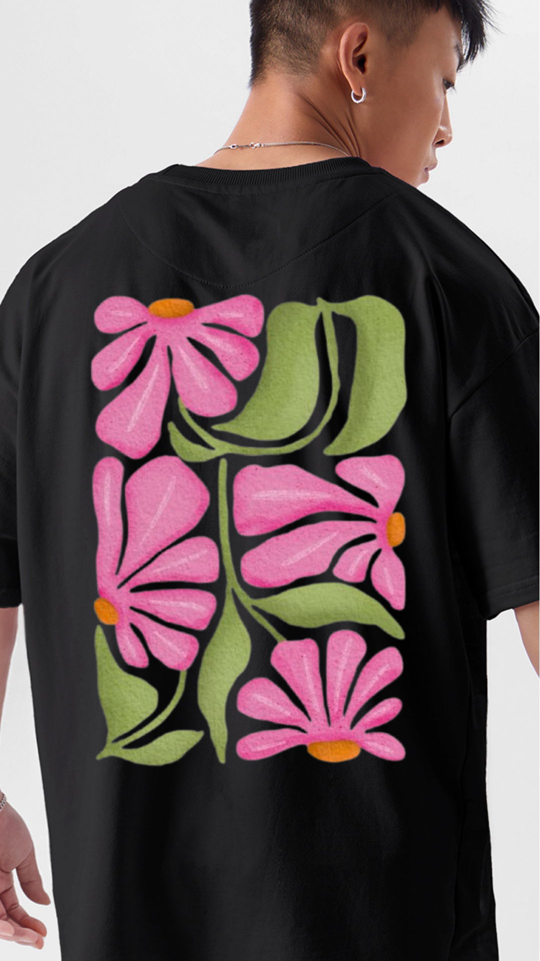 Floral Graphic Flower Oversize Premium Black T-Shirt