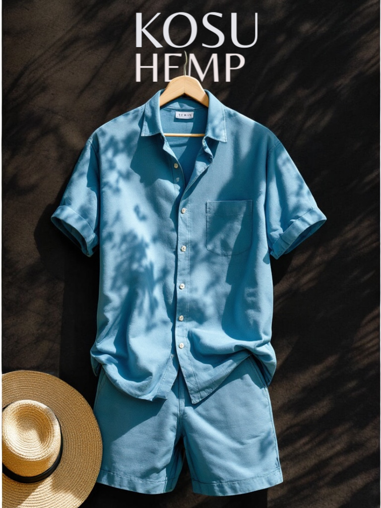 Men's Blue Hemp Shirt and Shorts Set