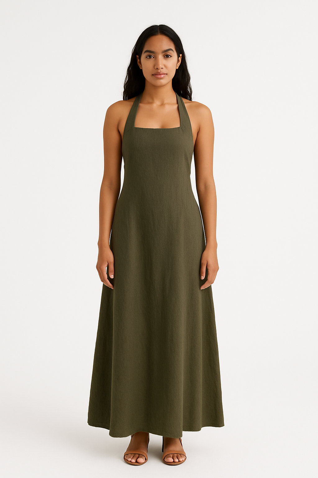 Olive Green Hemp Halter Maxi Dress