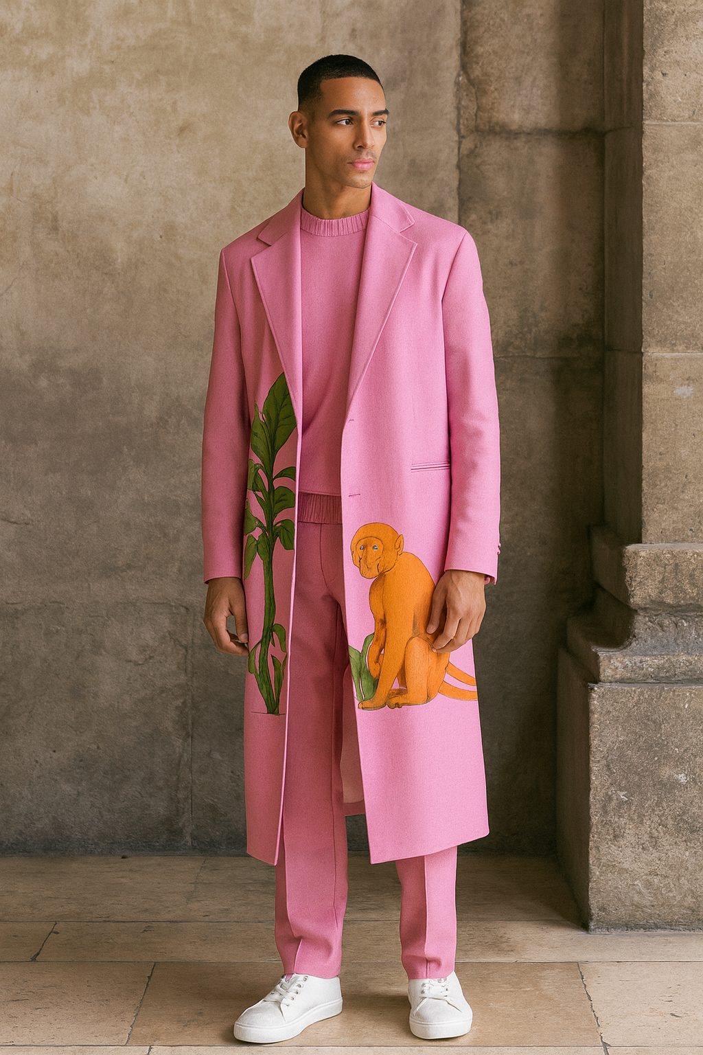 Pink Graphic Long Coat Set