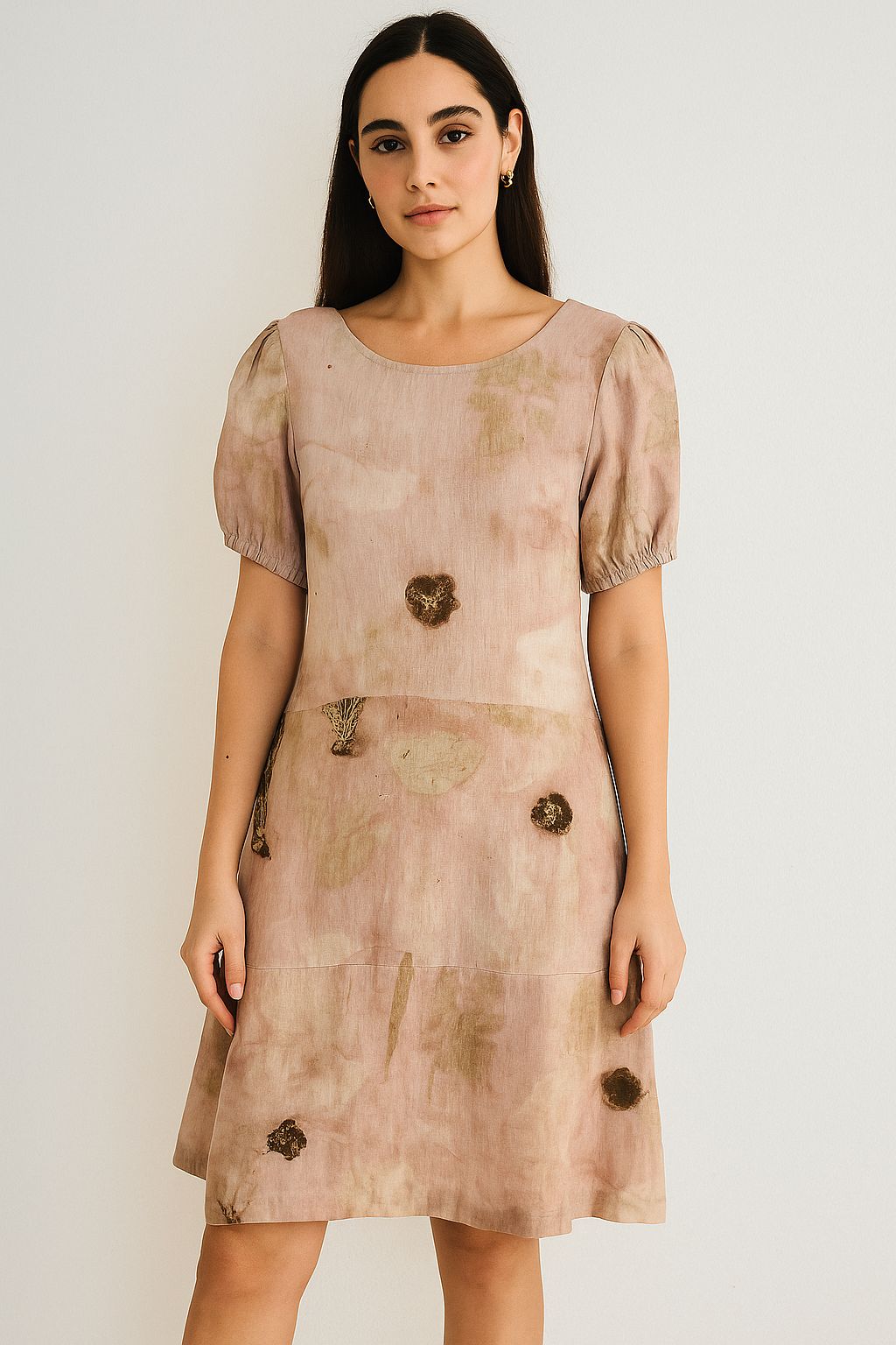 Beige Floral Puff Sleeve Dress