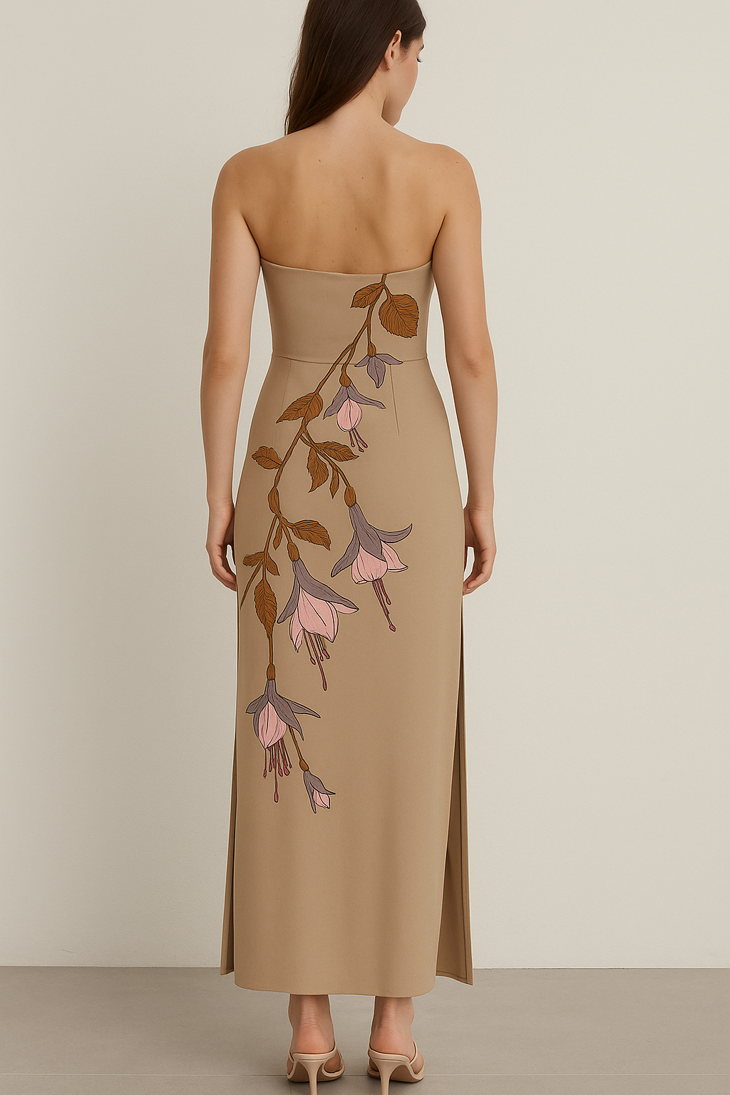 Floral Beige Strapless Maxi Dress