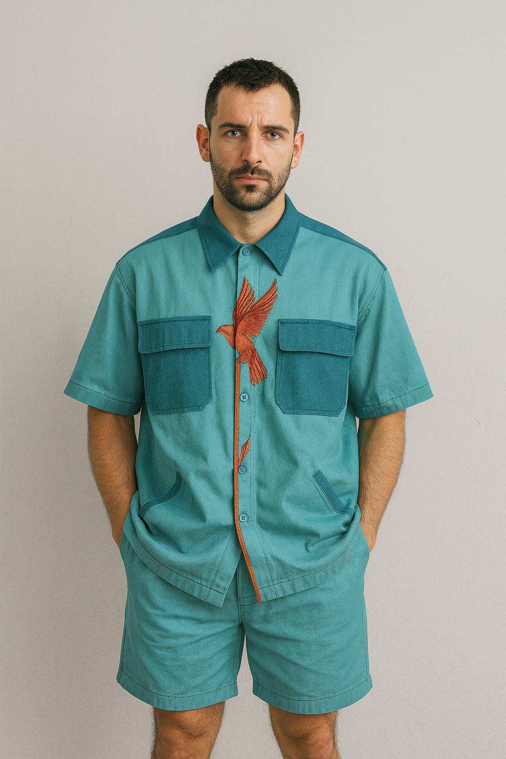 Men's Teal Short Sleeve Shirt and Shorts Set