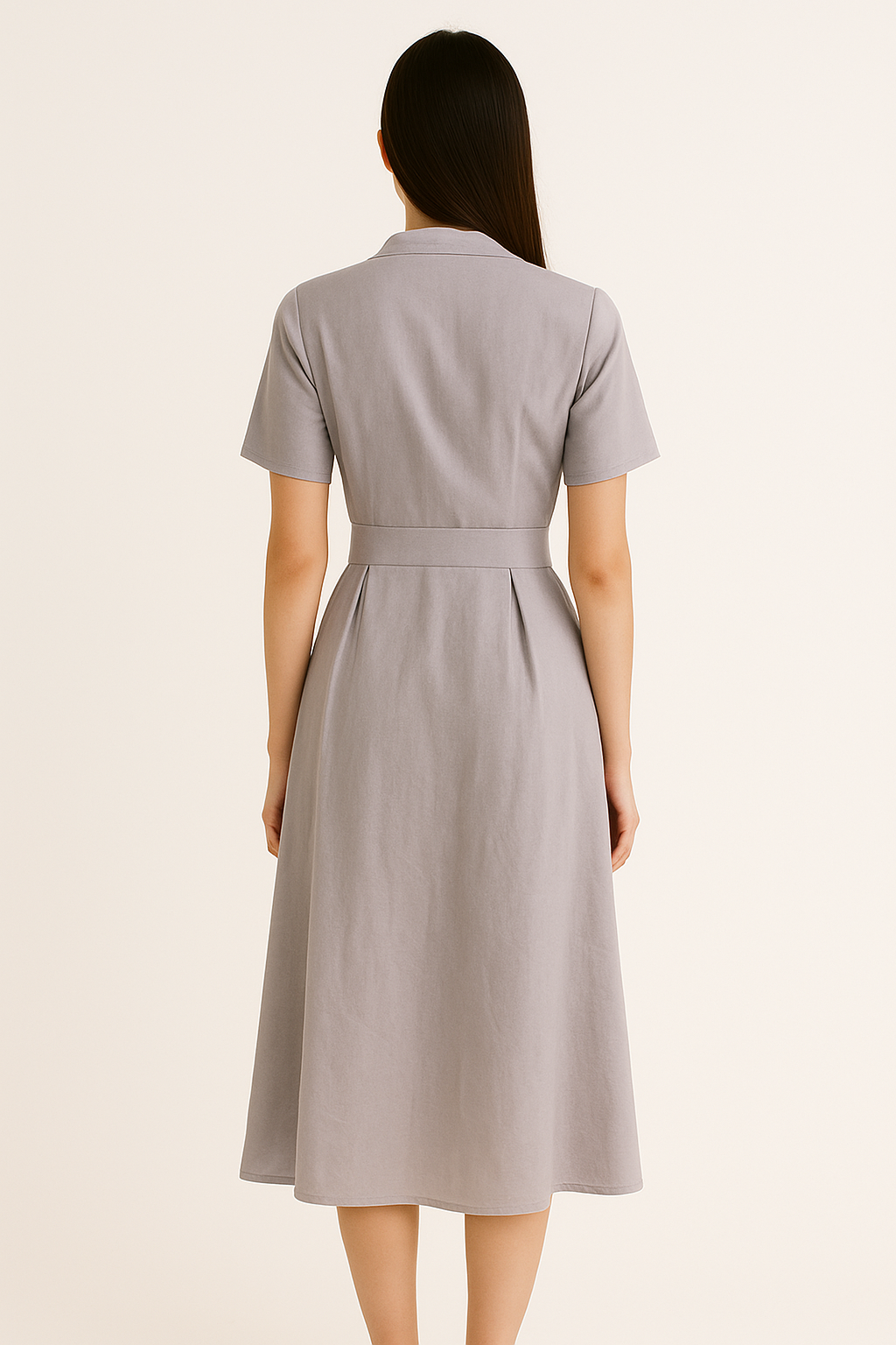 Lapel Collar Hemp Midi Dress – Ash Grey