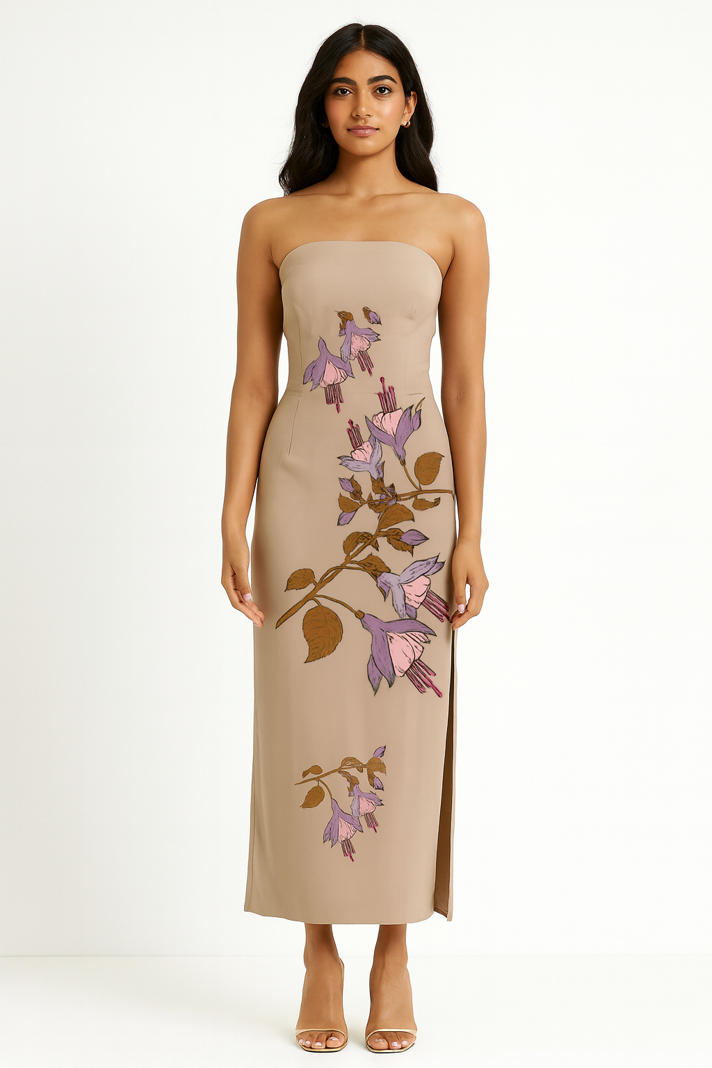 Floral Beige Strapless Maxi Dress