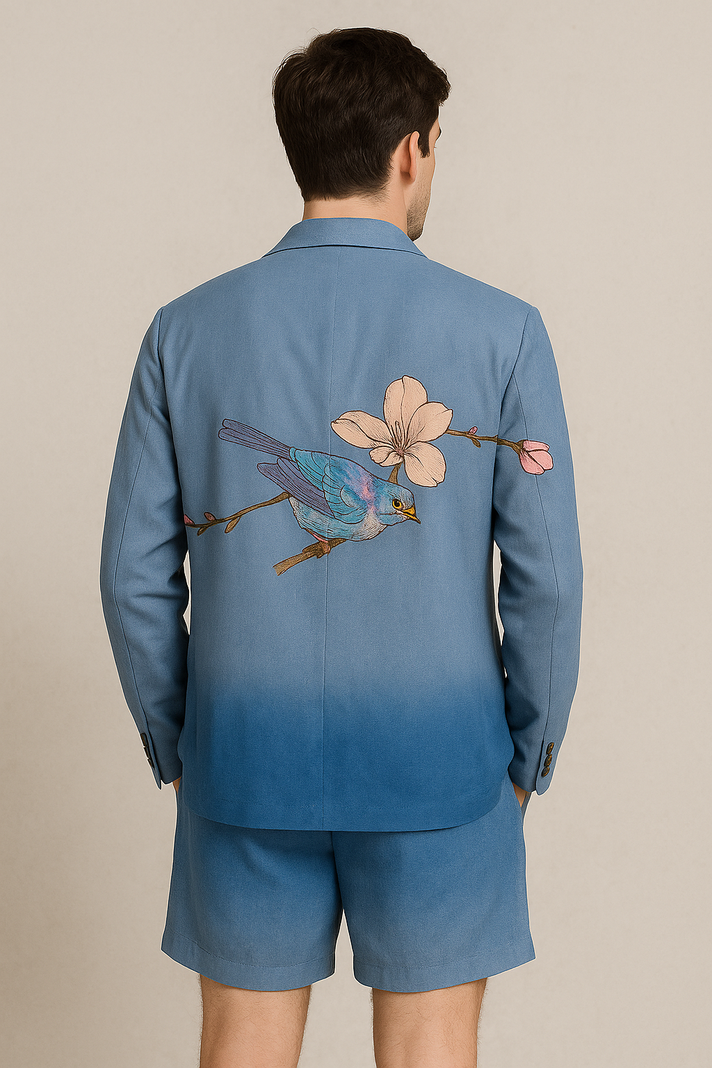 Blue Gradient Blazer Set with Bird Embroidery