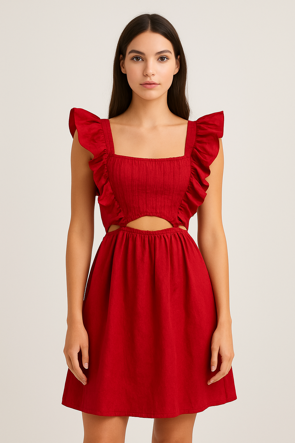 Red Ruffled Back Cut-Out Dress