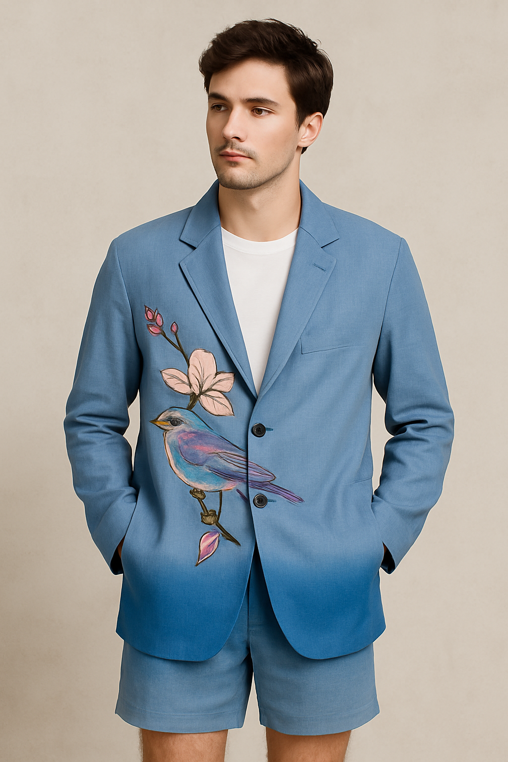 Blue Gradient Blazer Set with Bird Embroidery