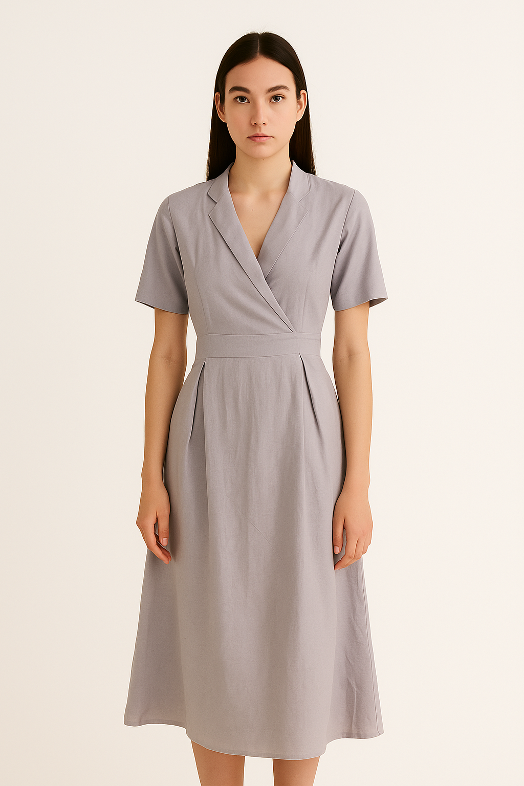 Lapel Collar Hemp Midi Dress – Ash Grey