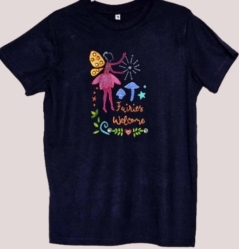 Non Gildan handpainted Fairies Welcome Navy blue T-Shirt small size sold