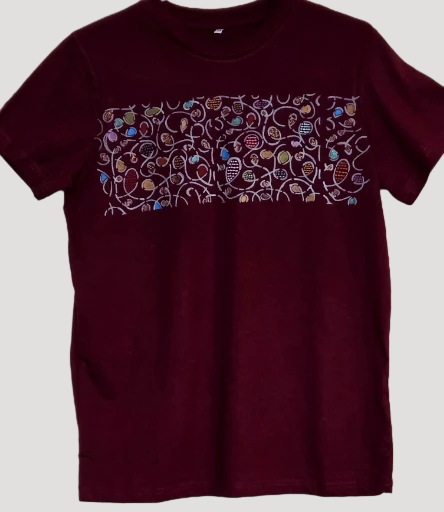 Non Gildan handpainted Maroon T-Shirt with Patterned Chest Design.. small size sold