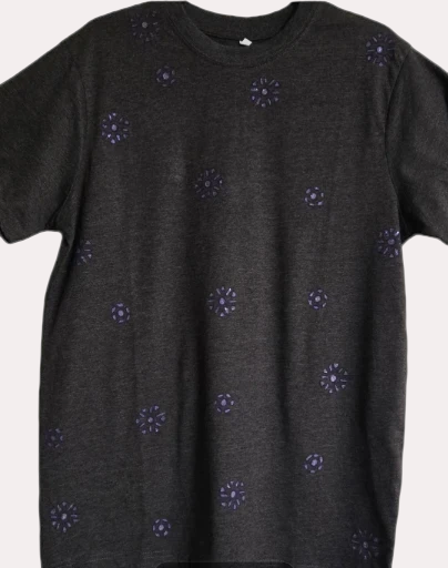 Non Gildan Greyish Black T-Shirt with Purple Floral Patterns font and back side medium size