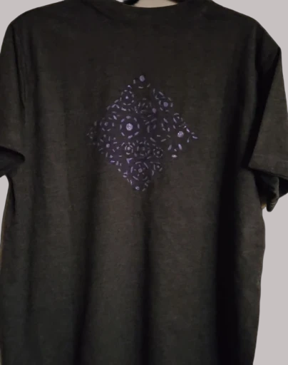 Non Gildan Greyish Black T-Shirt with Purple Floral Patterns font and back side medium size 