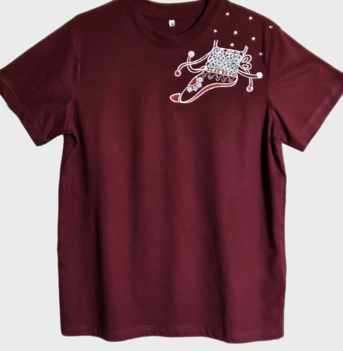 Non Gildan handpainted Maroon T-shirt with emabalsihed feet Design....Medium size sold