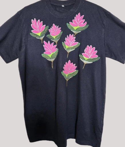 Non Gildan handpainted Navy Blue  T-shirt with Pink Flower Print..Large size sold