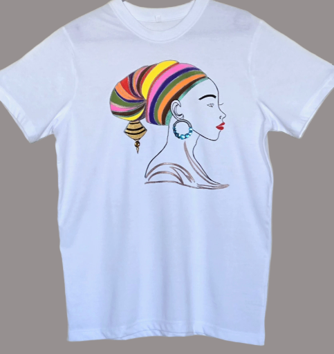 Non Gildan handpainted Colorful Headwrap Woman T-shirt medium size 