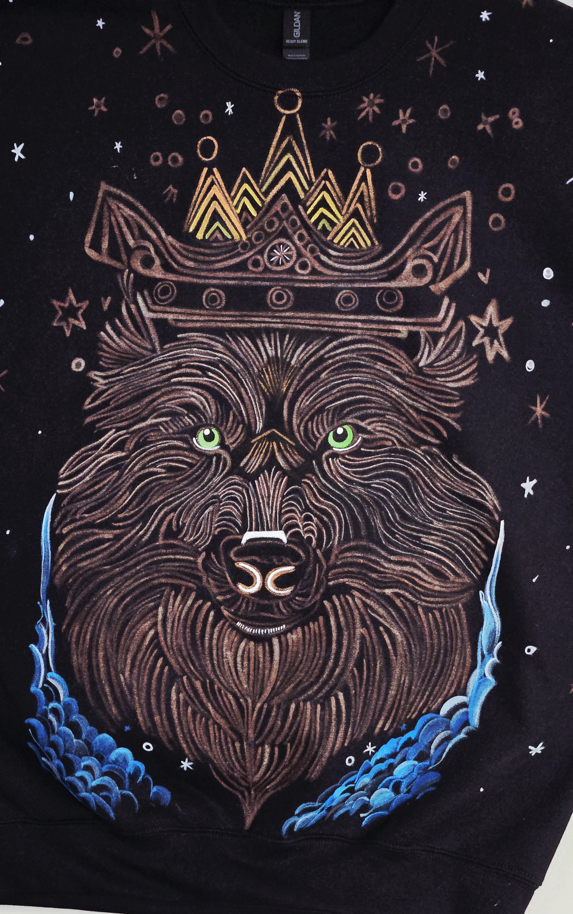 premium gildan cotton handpainted bleached art Wolf King large size Sweatshirt