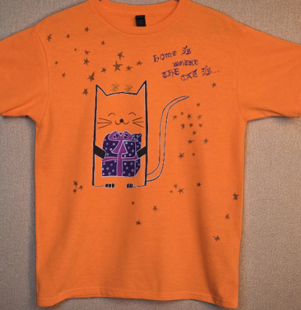 Gildan cotton Orange Cat-Themed handpainted T-Shirt Large size 