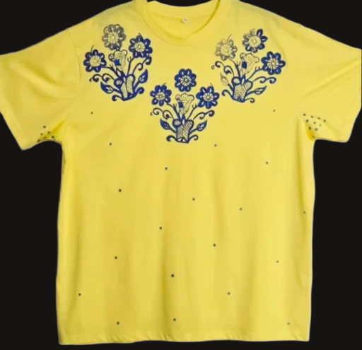 (Non Gildan )Yellow Floral Block printed with fabric paint  T-Shirt XL Size