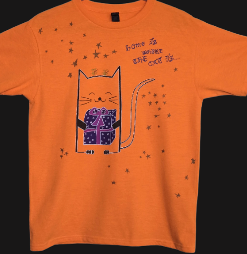 Gildan cotton Orange Cat-Themed handpainted T-Shirt Large size 