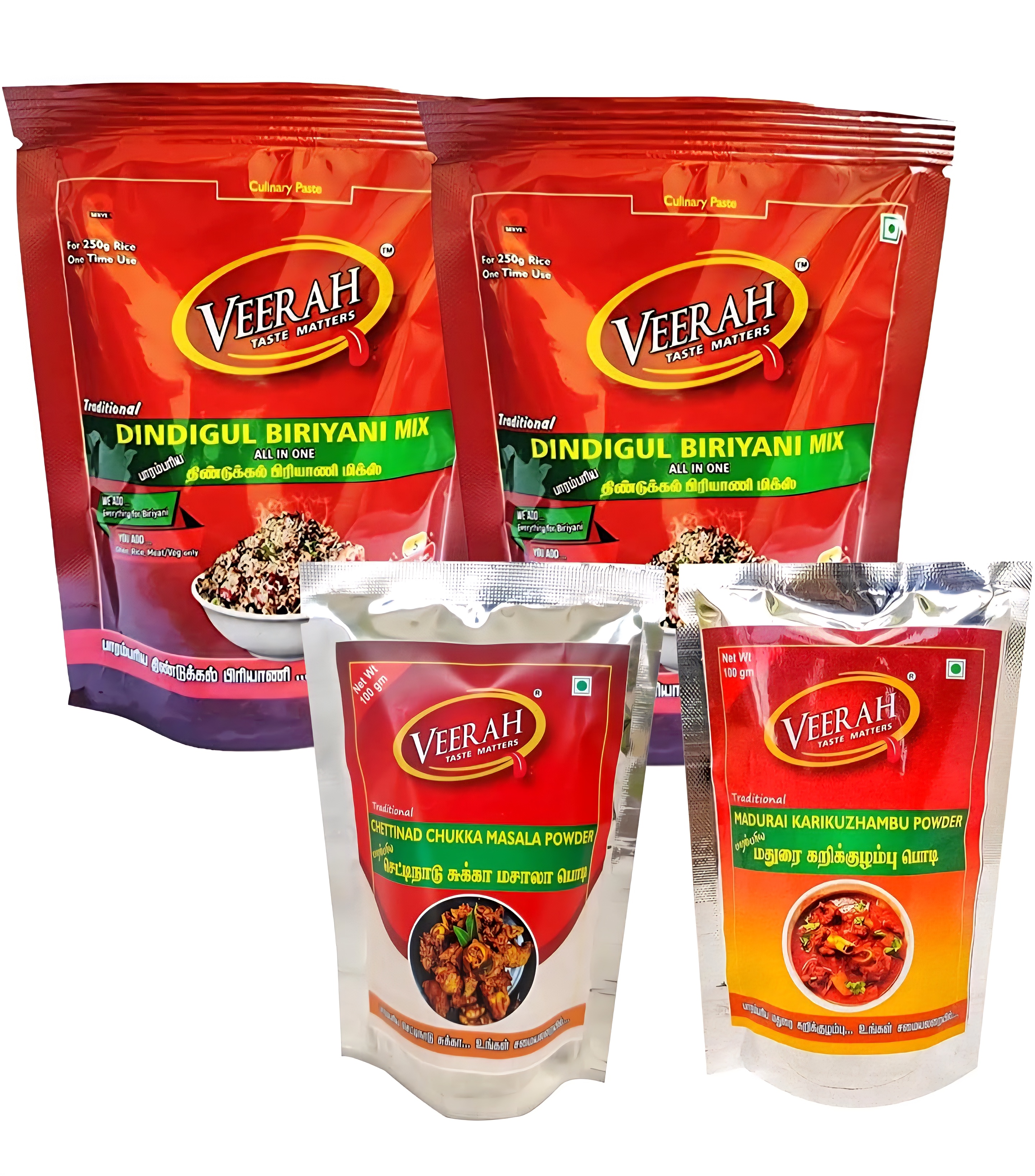 Dindigul Biryani Mix 200g (Pack Of 2), Chettinadu Chukka Masala 100g (Pack Of 1) and Madurai Kari Kozhambu 100g (Pack Of 1)