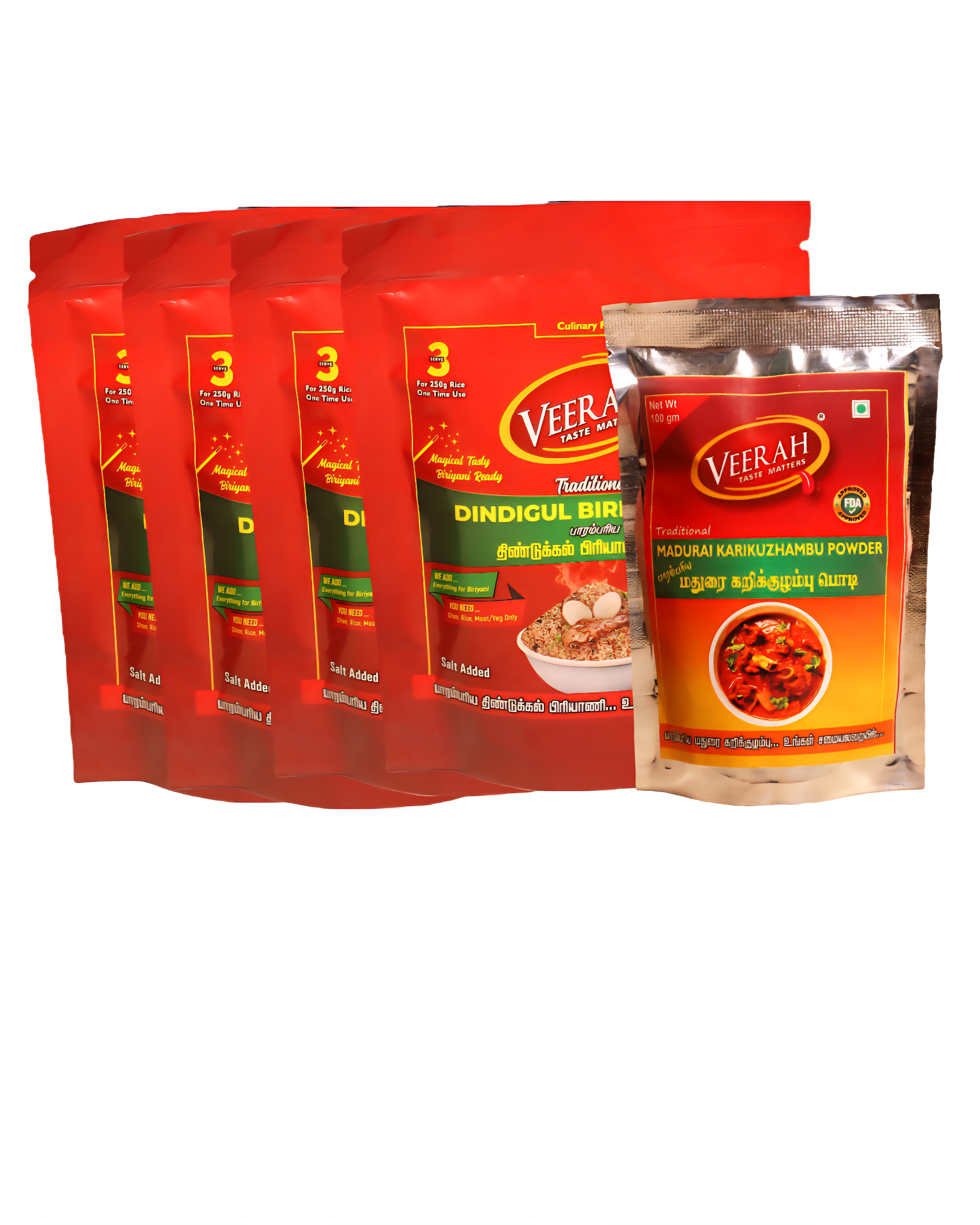 Dindigul Biryani Mix 200g (Pack Of 4) and Madurai Kari Kozhambu Powder 100g (Pack Of 1)