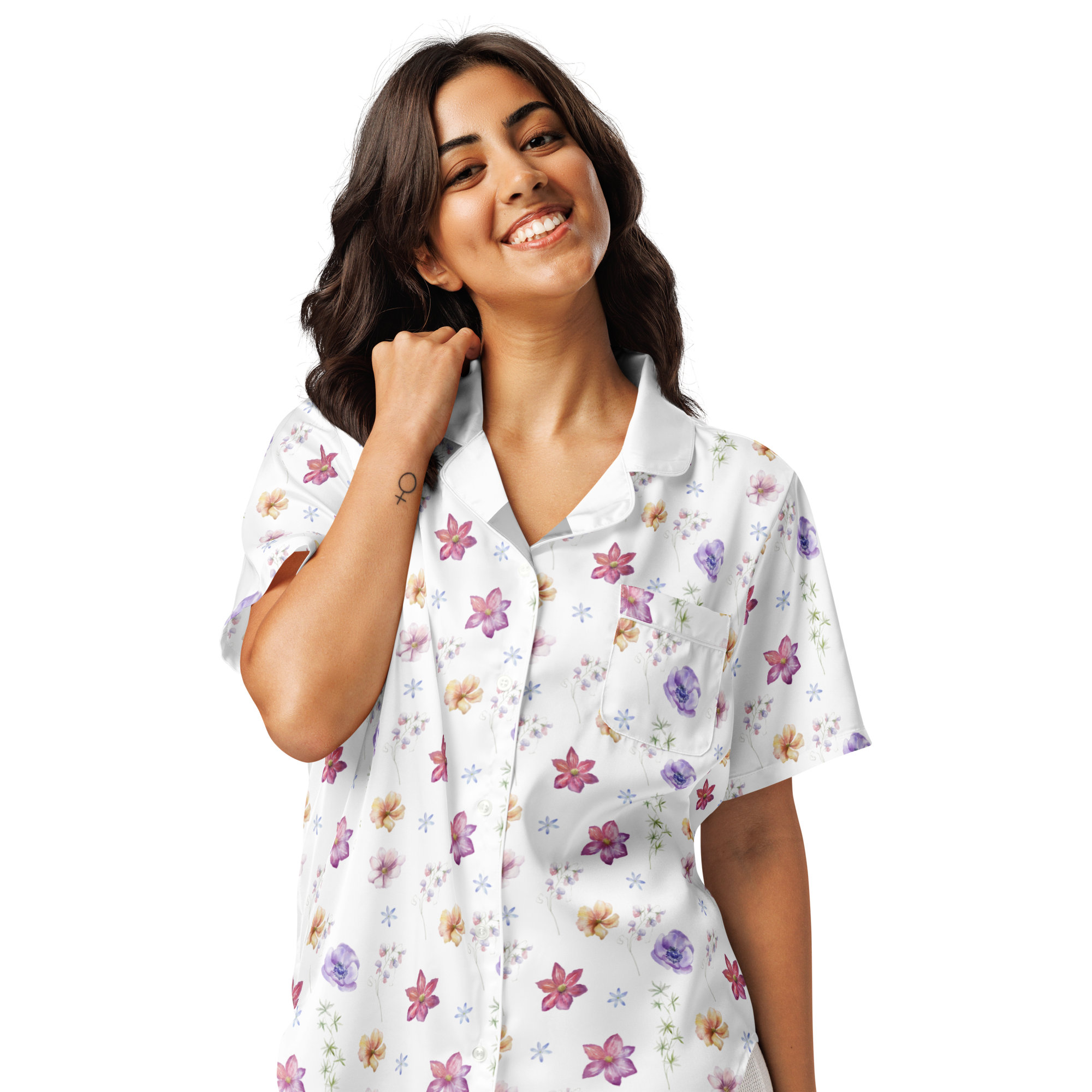 Sunlit Blooms Women’s Short Sleeve Pajama Top, 100% Polyester, Luxurious, silky-feel fabric