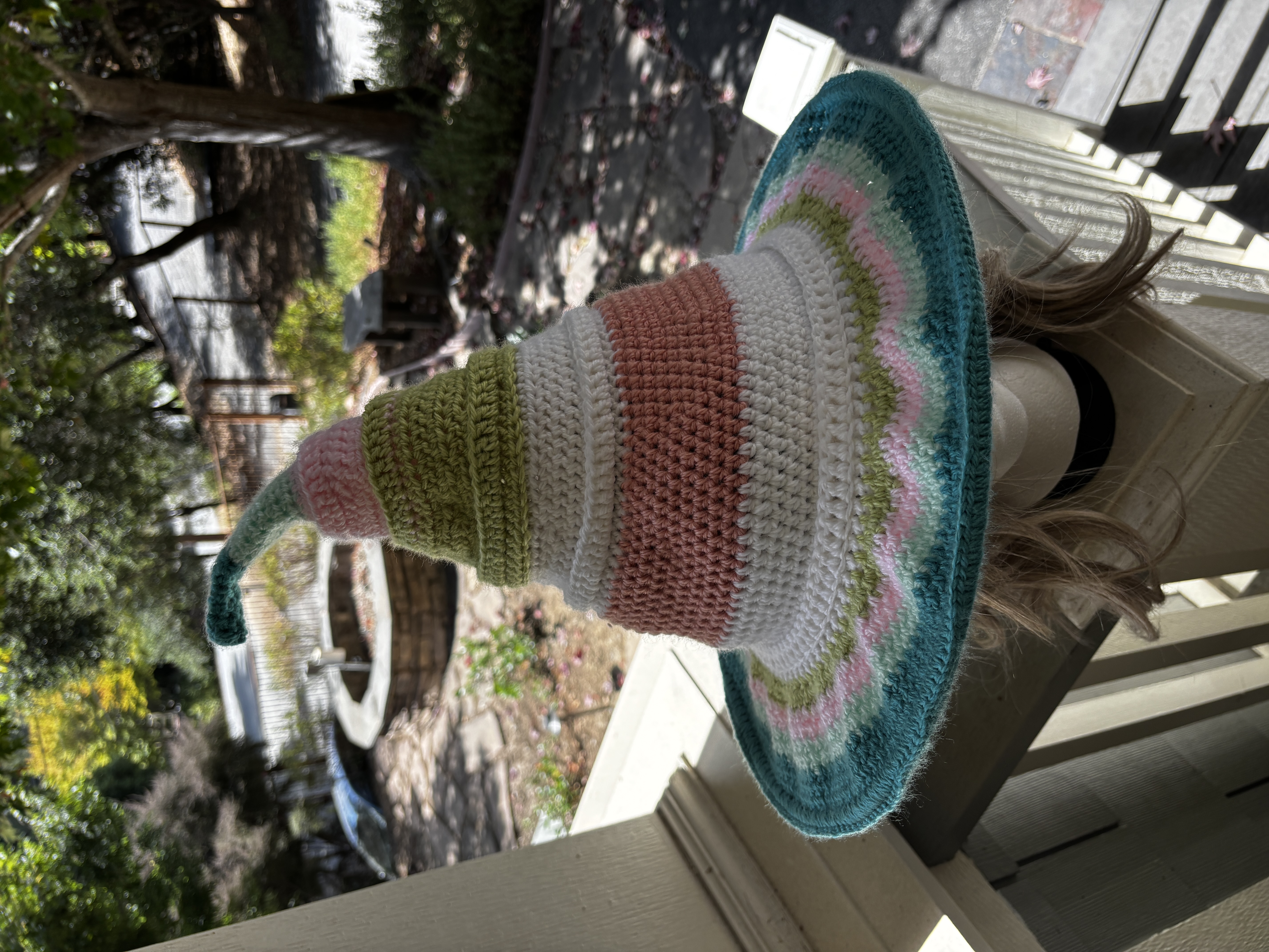 Whimsical Pastel Crocheted Witch’s Hat With Crystal Dangle