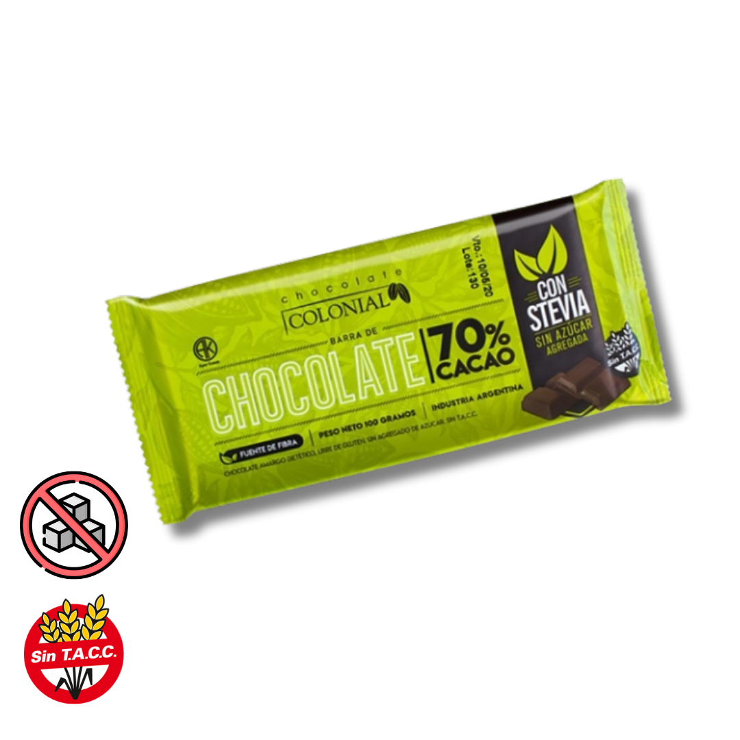 Barra de Chocolate con Stevia 70% Cacao x 100g - Chocolate Colonial