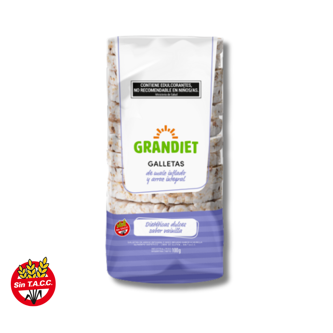 Galletas de Maiz Inflado y Arroz Integral Dieteticas Dulces Sabor Vainilla x 100g - Grandiet