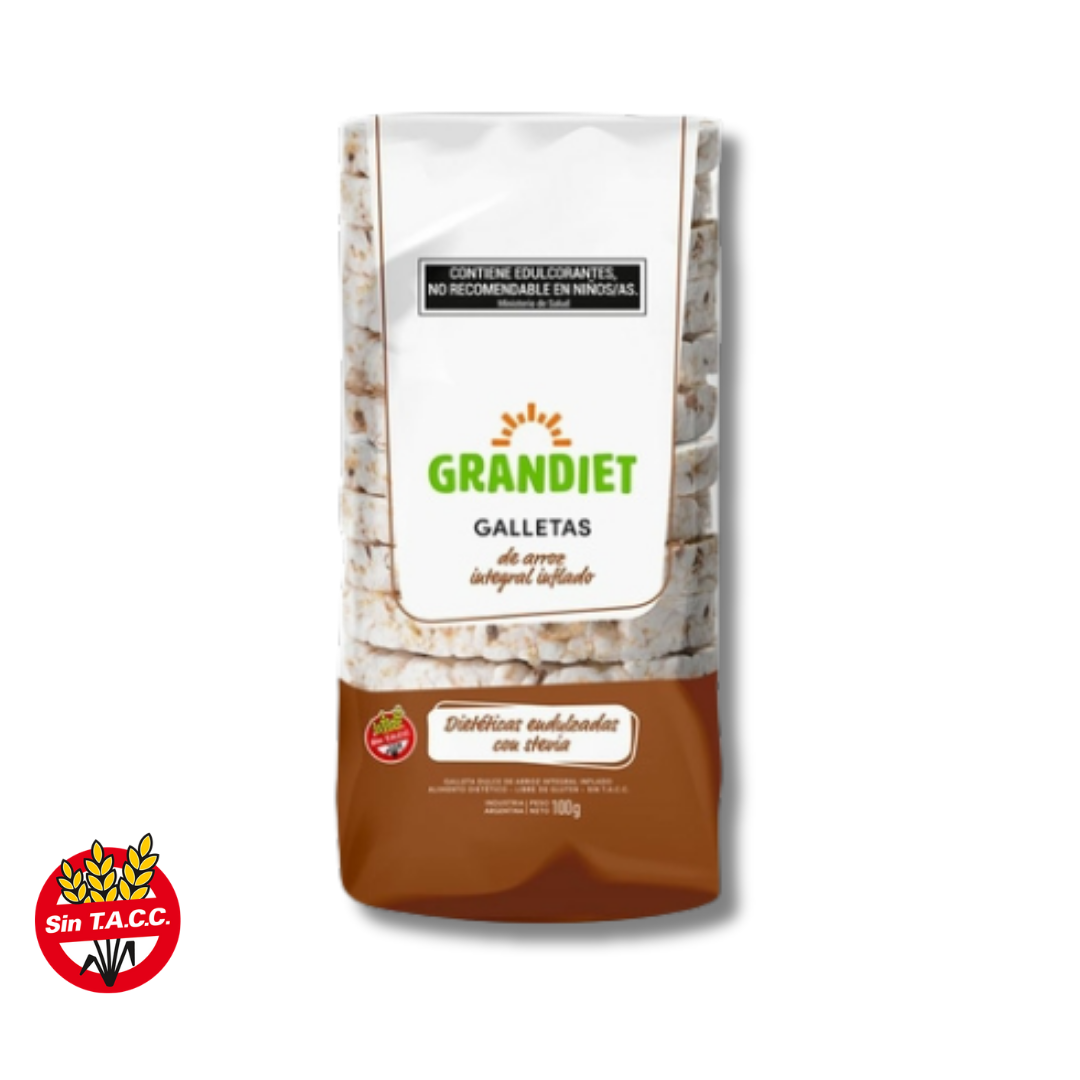 Galletas de Arroz Integral Inflado Dieteticas Endulzadas con Stevia x 100g - Grandiet