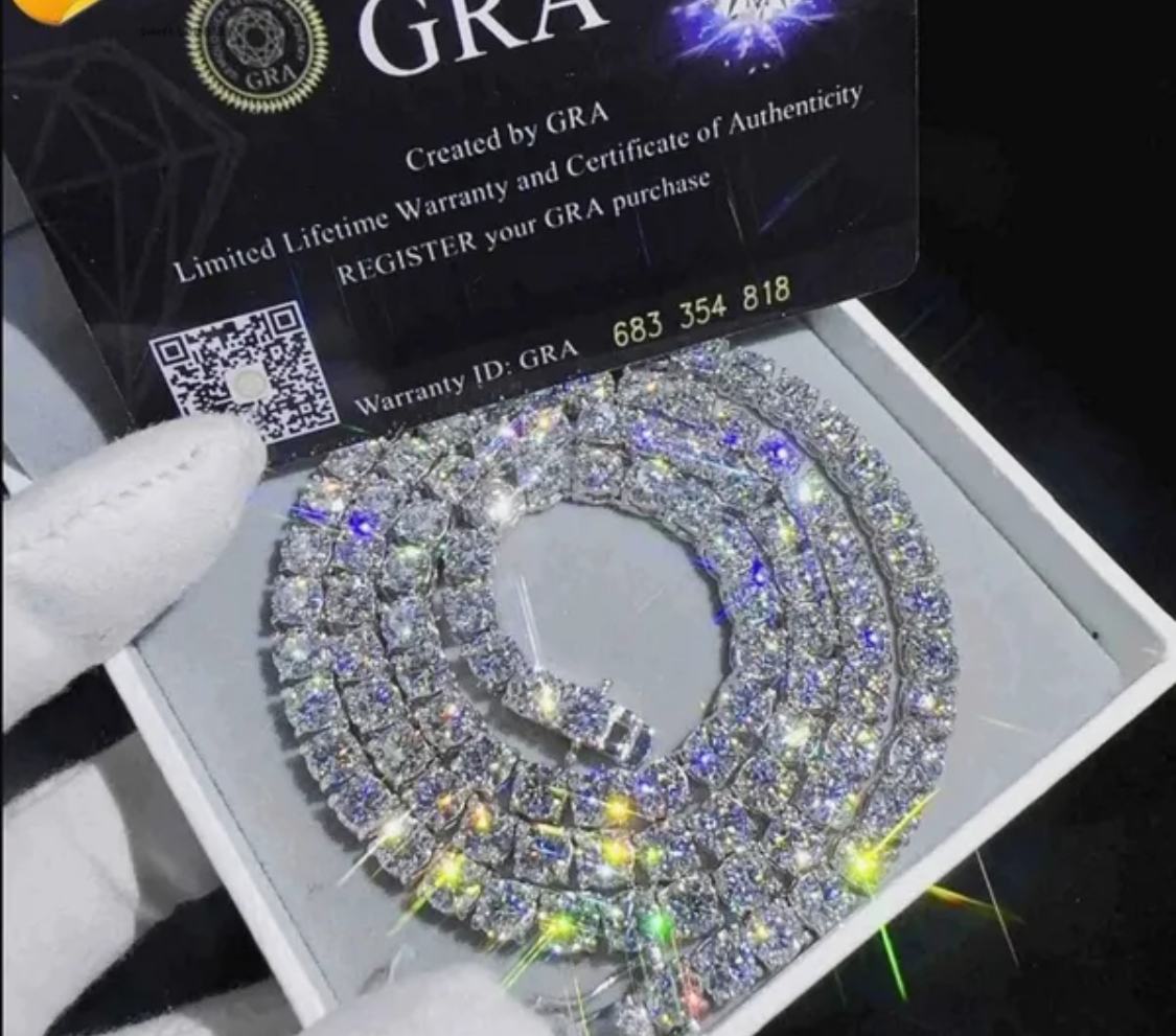 5MM MOISSANITE TENNIS CHAIN - 925 SILVER - D COLOUR - FLAWLESS 