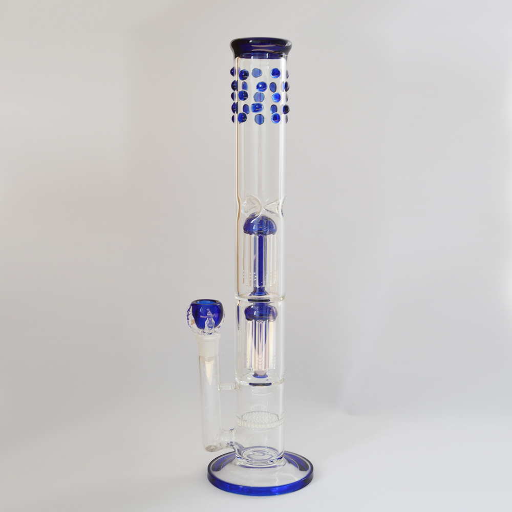 16" Tall Premium Blue Glass Bong Pipe with Double Tree Dome