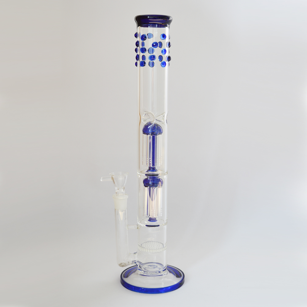 16" Tall Premium Blue Glass Bong Pipe with Double Tree Dome