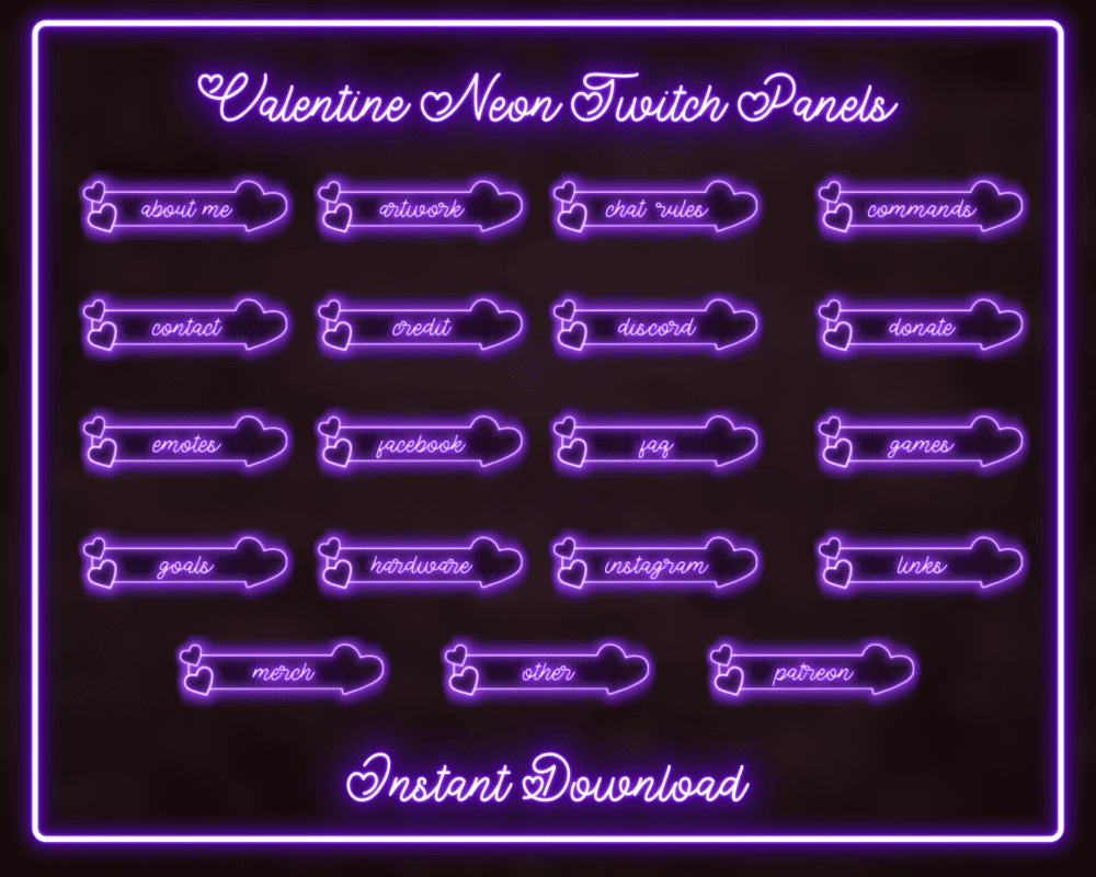 Animated Valentine Neon Purple Stream Panels for Twitch & Streamlabs