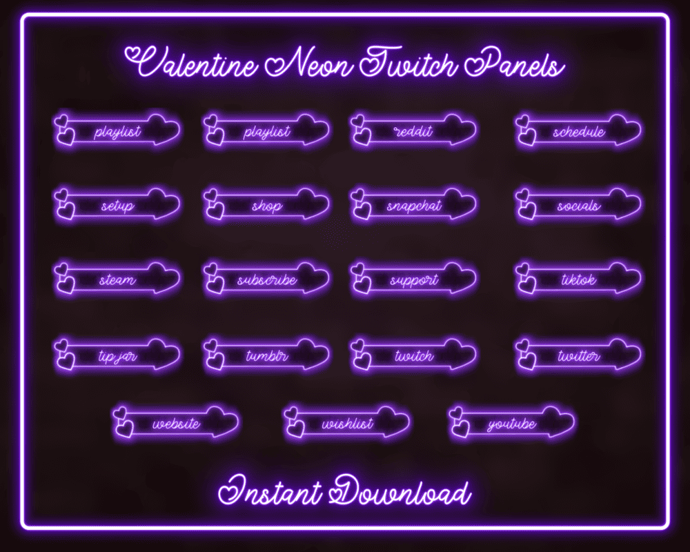 Animated Valentine Neon Purple Stream Panels for Twitch & Streamlabs