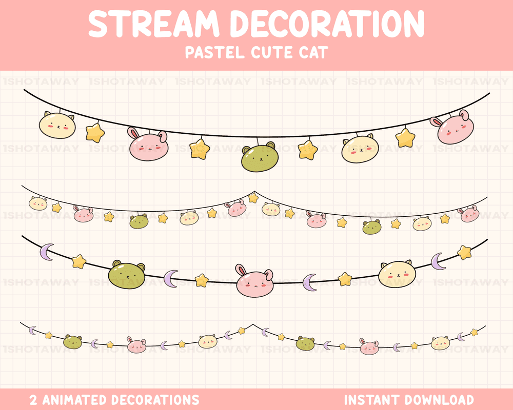 Cute Pastel Cat Strings Twitch Stream Overlay – OBS & Streamlabs Overlay