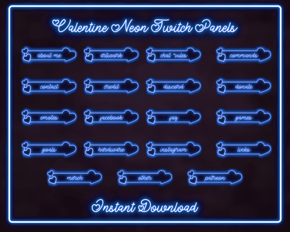 Best Valentine Neon Blue Panels for Twitch – Anime & Streamlabs Panel Design