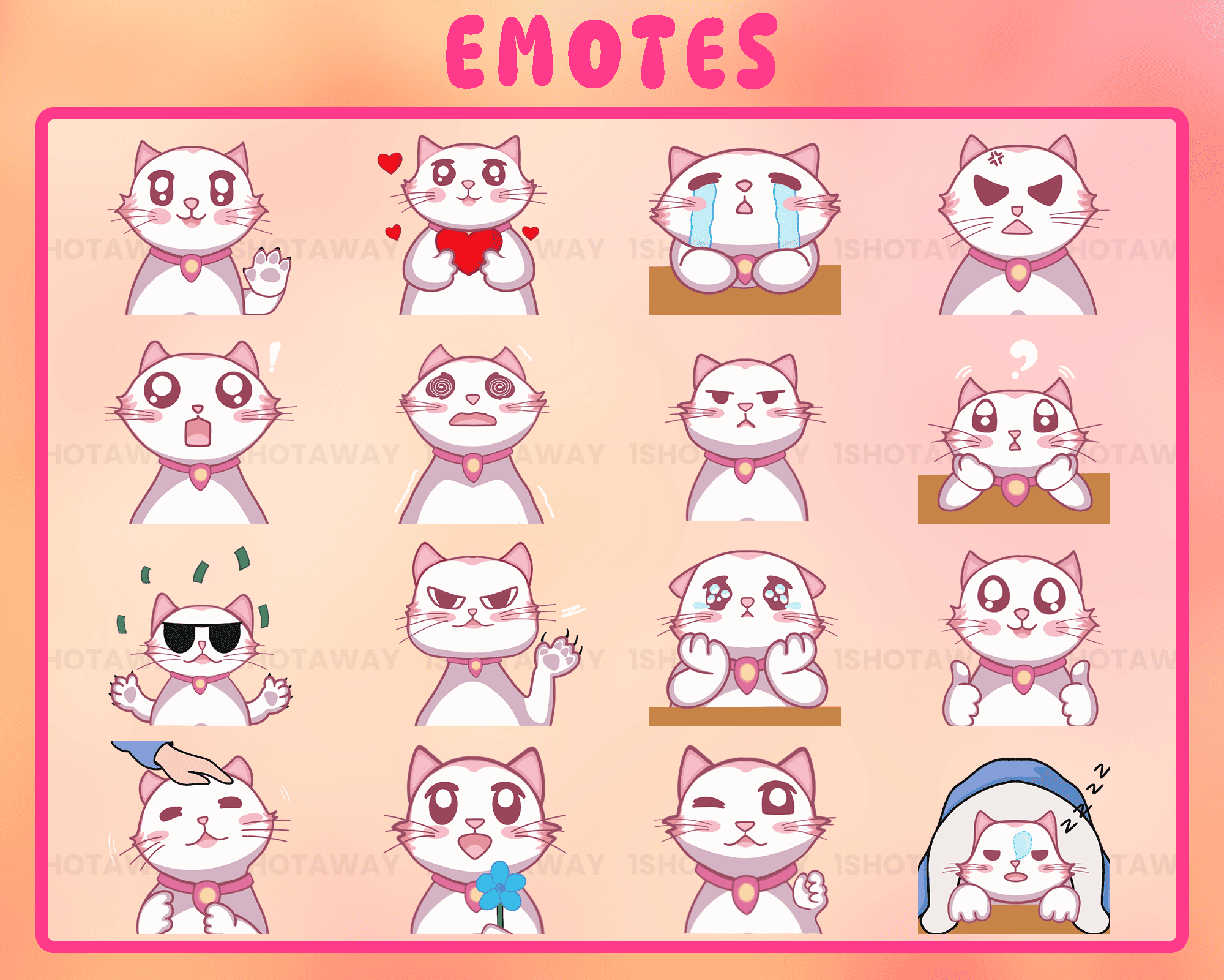 White and Pink Cat Stream Emotes for Twitch, Animated Emotes for Unique Channel Branding
