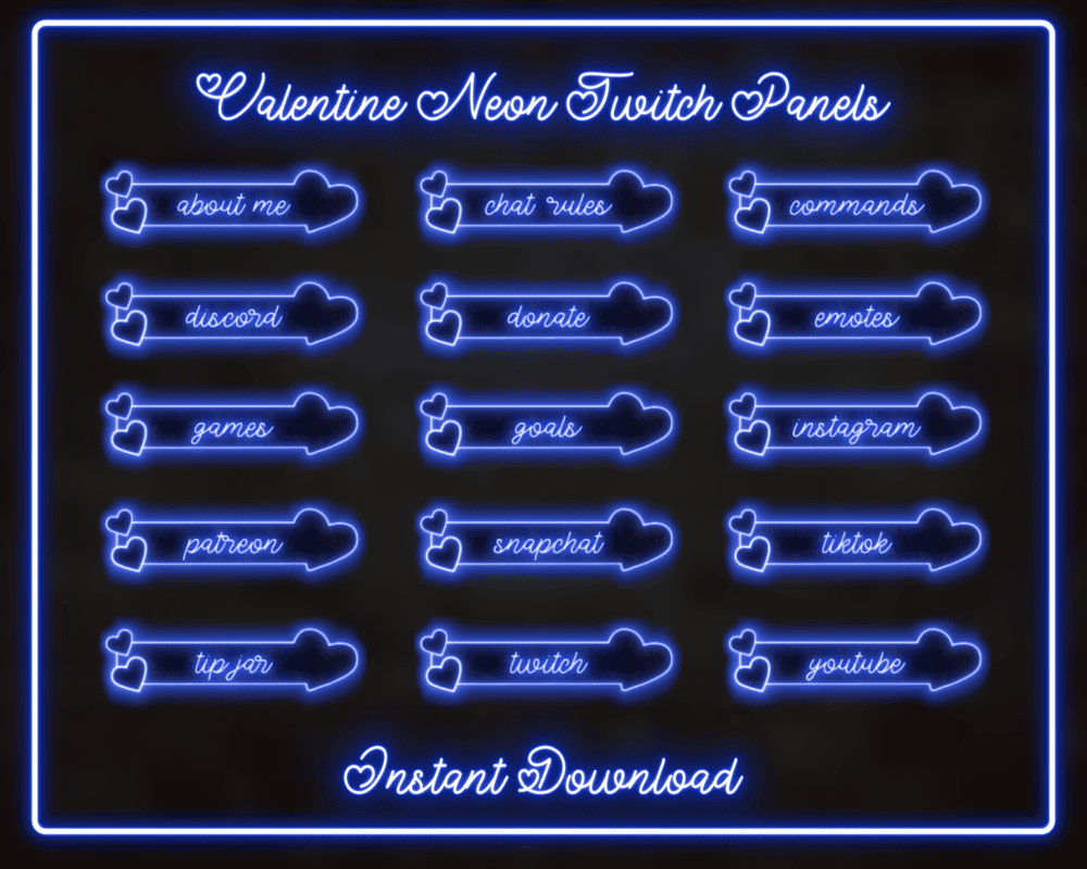 Best Valentine Neon Blue Panels for Twitch – Anime & Streamlabs Panel Design