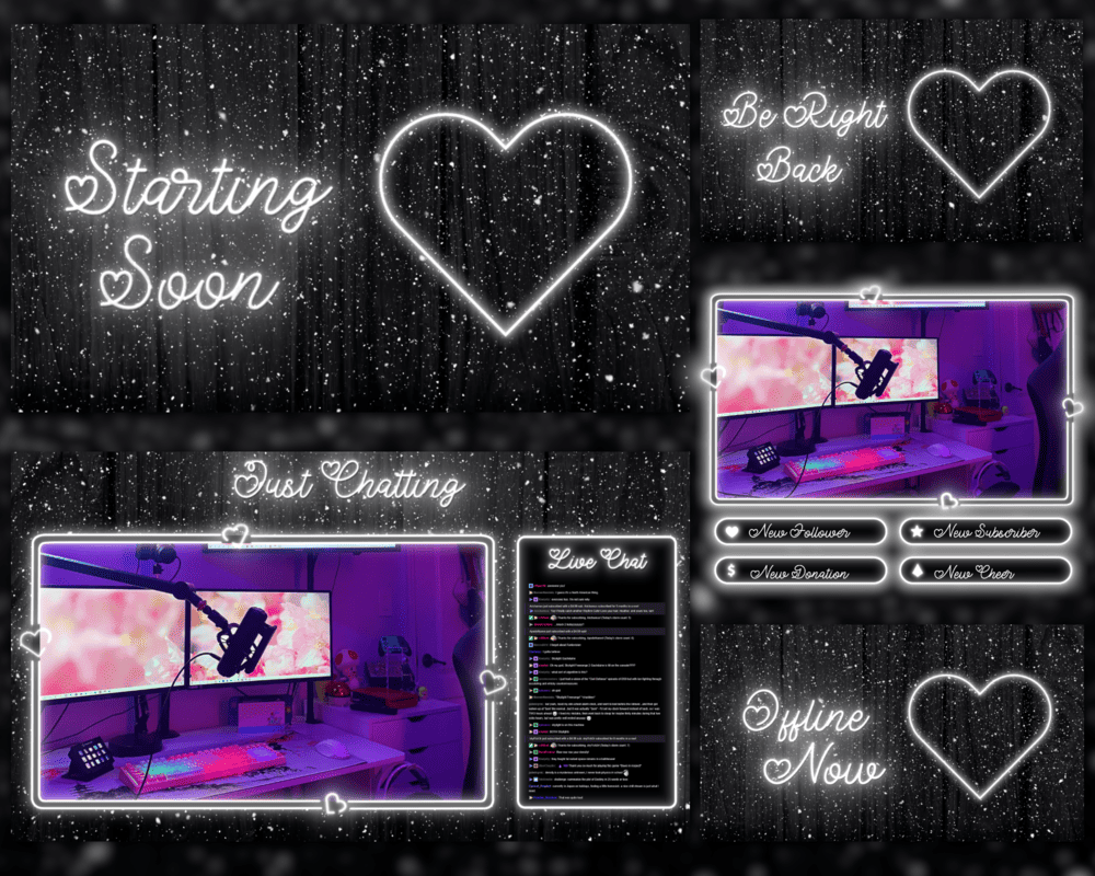 Valentine Neon Twitch Overlay – Black & White Theme for Streamers