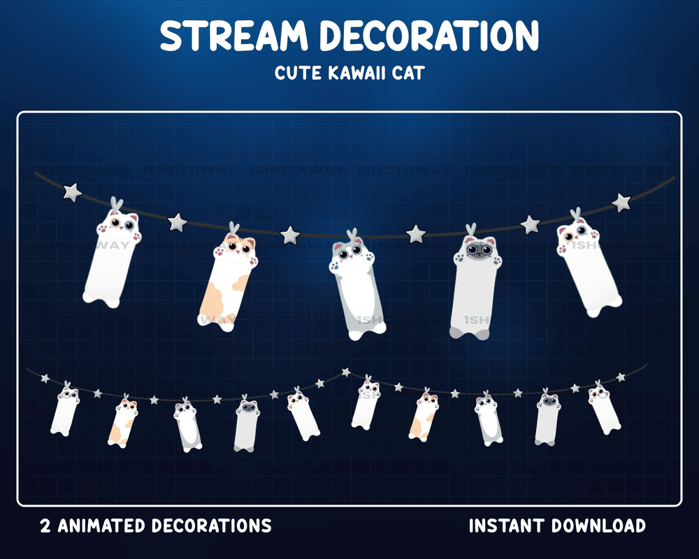 Animated Pastel Long Cat Strings Stream Overlay for Twitch, OBS & Streamlabs