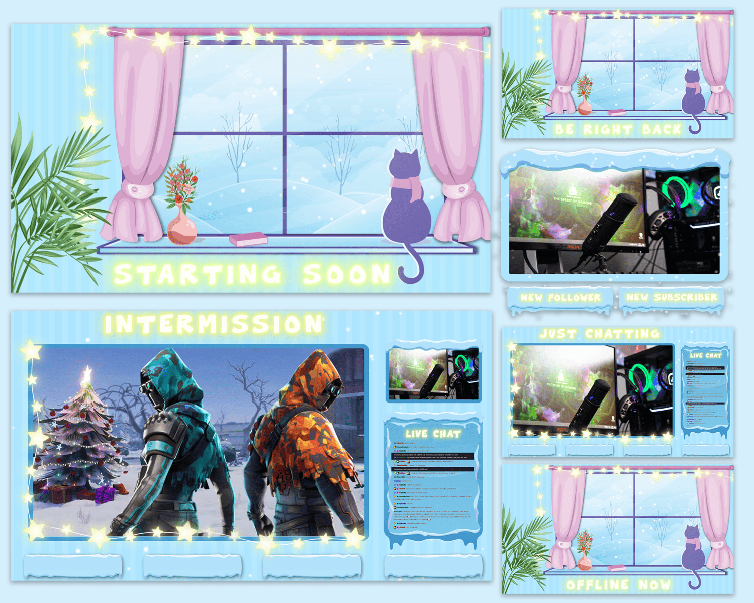 White Cat Lofi Blue Theme Twitch Overlay – Cozy, Chill, Aesthetic Stream Design