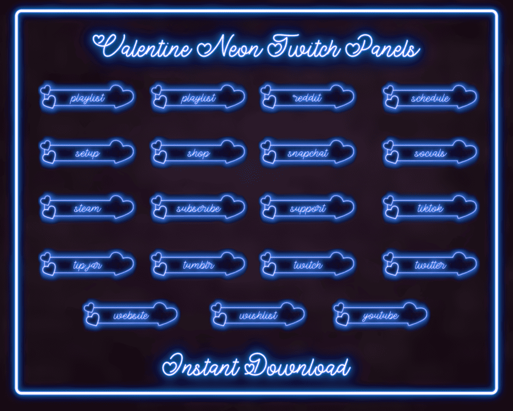 Best Valentine Neon Blue Panels for Twitch – Anime & Streamlabs Panel Design